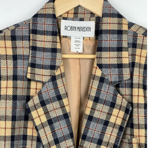 VTG 100% Wool Butter Yellow & Gray Plaid Button Robyn Meredith Women's Blazer 16 - Picture 3 of 11